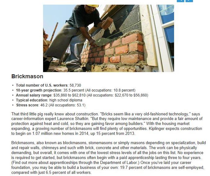 Bricklayer-mason 1 of 5 best jobs for the future